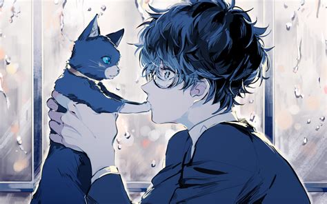 Download 1920x1200 Persona 5 Kurusu Akira Anime Boy Cat Glasses Profile View Cute