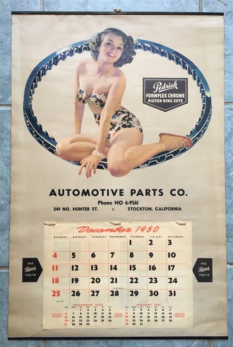 Vintage Pin Up Calendar Automotive Pedrick Formflex Foam Piston Ring Sets Girl In Floral Bikini