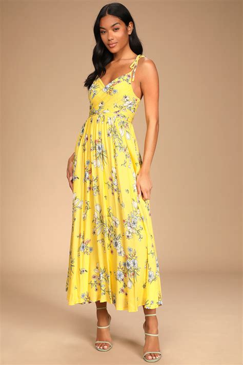 Yellow Floral Maxi Dress Tie Shoulder Dress Floral Maxi Dress Lulus