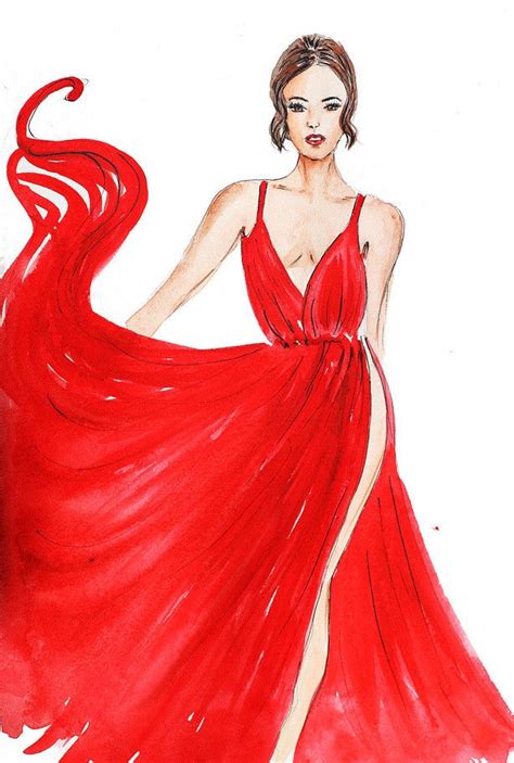 Fashion Illustration Watercolor Illustration Red Gown Painting