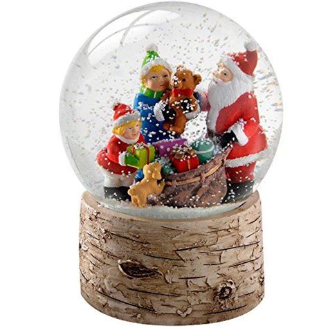 Werchristmas Santa Children And Puppy With Birch Base Snow Globe