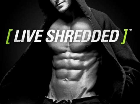 A Man With No Shirt On Is Standing In Front Of The Words Live Shredded
