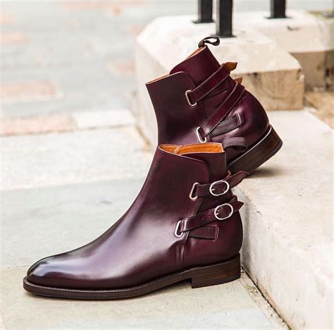 Handmade Mens Burgundy Color Boots Leather Ankle High Double Buckle