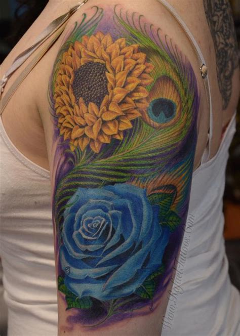 Some people may choose to use it as an emblem of courage, and others may choose to use it. Full colored blue rose and sunflower with peacock feathers ...