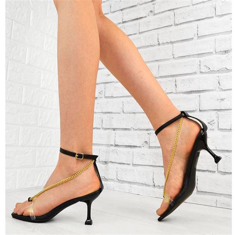 Womens Low Heel Gold Chain High Heels Sandals Strappy Perspex Fashion