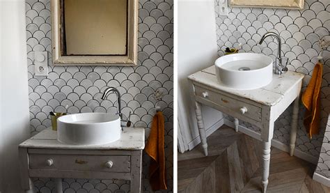 Son style exotique trouvera sa place. Tutoriel : Meuble vasque à poser sur un meuble ancien en bois