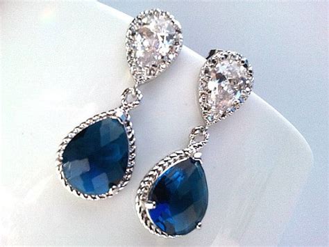 Sapphire Navy Earrings Classic Blue Wedding Earrings Navy Etsy Blue