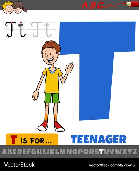 Letter T From Alphabet With Cartoon Teenager Vector Image