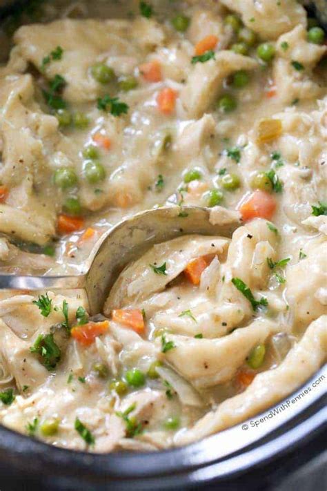 Prep time is hardly anything and the crock pot does most of the work. Crock Pot Chicken and Dumplings - Spend With Pennies