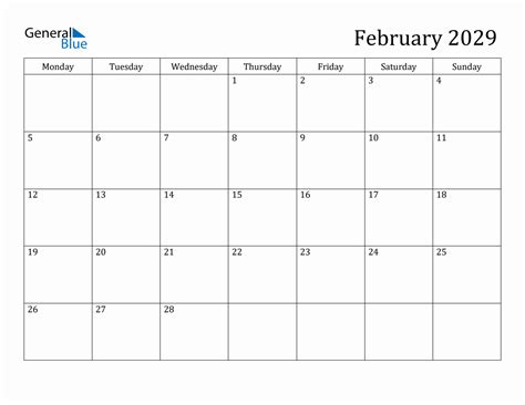 February 2029 Monday Start Calendar Pdf Excel Word