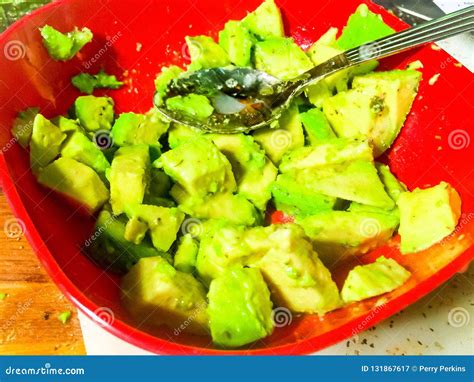 Smashing Chopped Avocado For Guacamole Stock Image Image Of Metal