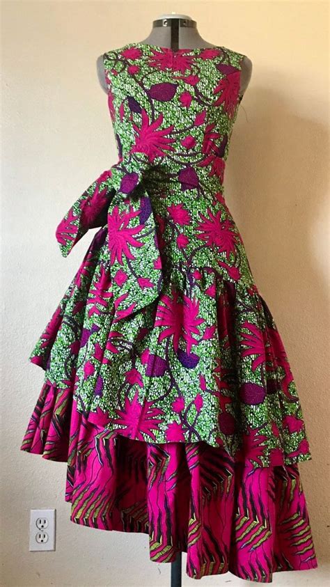 Gorgeous African Wax Mixed Print Asymmetic Ruffled Tier Dress Green Hot Pink Botanicals Prints