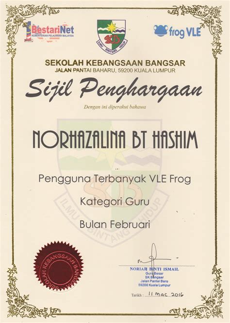 Documents similar to sijil penghargaan pengawas.docx. PUSAT SUMBER SEKOLAH: PEMENANG VLE FROG BULAN FEBRUARI 2016