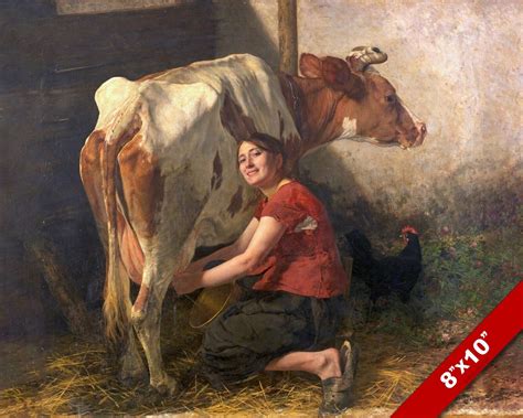 FARM GIRL MILKING A COW BEAUTIFUL MILK MAID PAINTING ART PRINT ON REAL