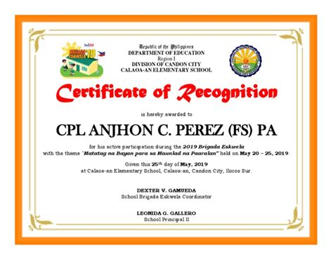 2019 Brigada Eskwela Sample Certificate