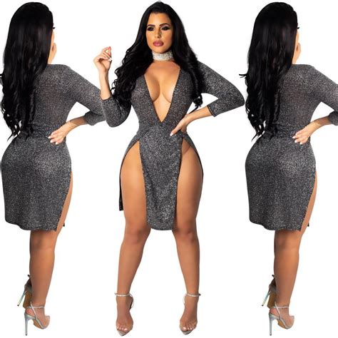 Sequins Wire High Slit Women Sexy Dress Deep V Neck 34 Sleeve Bodycon Mini Night Club Party