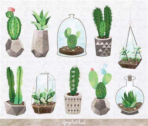 Cartoon cactus character with flower and cute face. Watercolor Cactus clip art CACTUS CLIPART