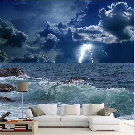 3d Lightning Stormy Ocean Waves Photo Wallpaper Mural Ocean Waves