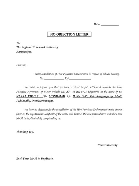 No Objection Letter