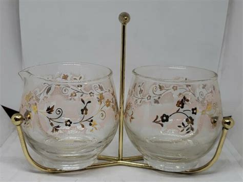 Vtg Mid Century Libbey Glass Creamer Sugar Bowl Stand Pink And Gold Floral Ebay