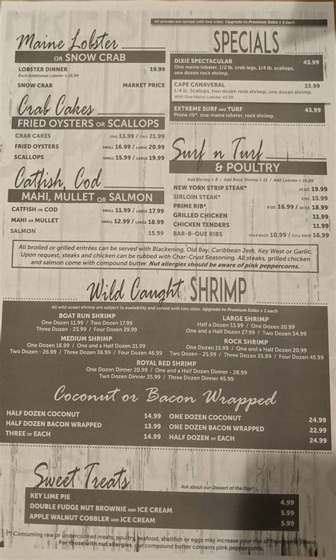 Menu at Dixie Crossroads restaurant, Titusville