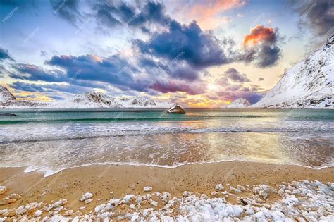 Premium Photo Splendid Winter Scenery With Haukland Beach During