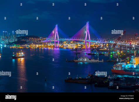Night View Of Busan Harbor And Bridge In South Korea Stock Photo Alamy