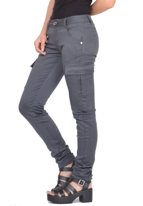 New Ladies Womens Grey Slim Fitted Combat Pants Skinny Cargo Trousers Jeans