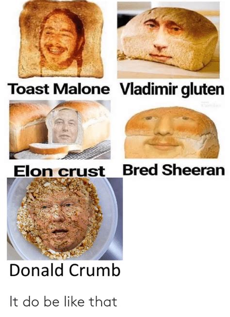 Toast Malone Vladimir Gluten Elon Crust Bred Sheeran Donald Crumb It Do