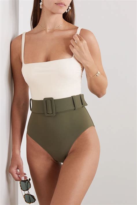 Sage Green Cassandra Belted Two Tone Swimsuit Evarae In 2020