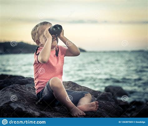 Little Boy Looking Far Away With Binoculars Stock Image Image Of