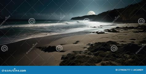 Midnight Beach Rendezvous Secluded Moonlit Beach with Waves Gently