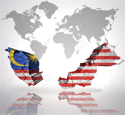Map Of Malaysia With Malaysian Flag On A World Map Background