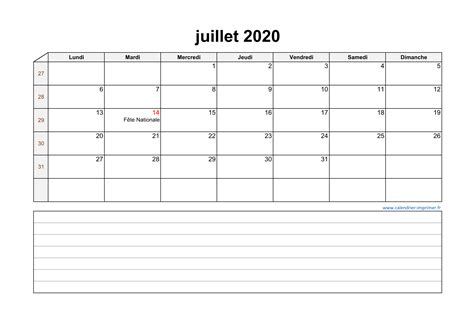 Calendrier Juillet 2020 à Imprimer