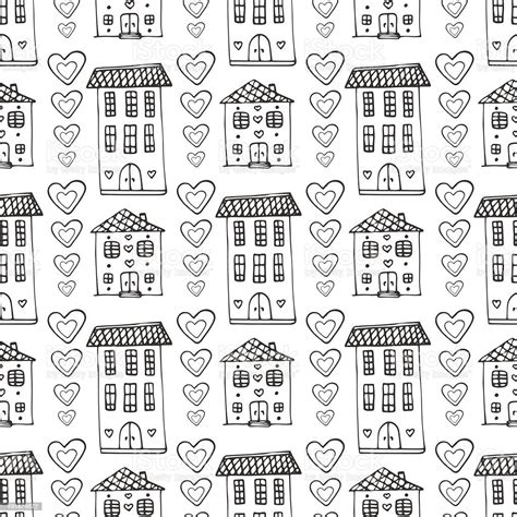 Hand Drawn Cute Houses Seamless Pattern Vector Stock Illustration