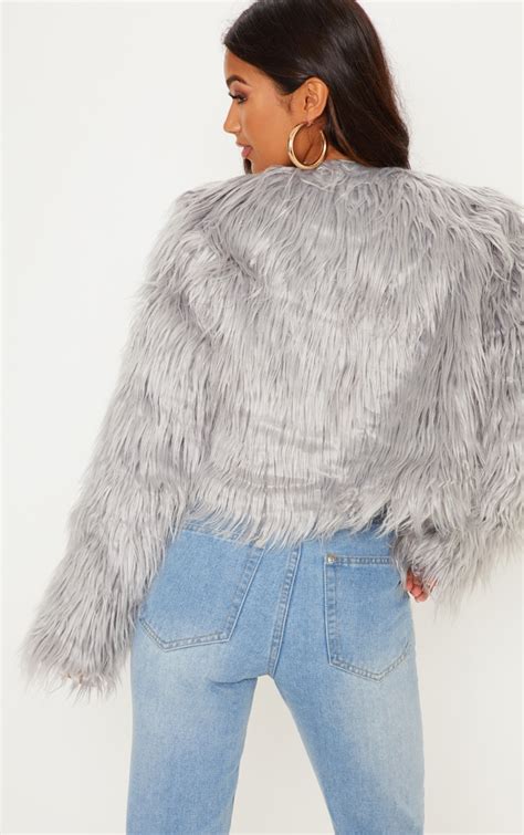 grey faux fur shaggy cropped jacket jumpers prettylittlething usa