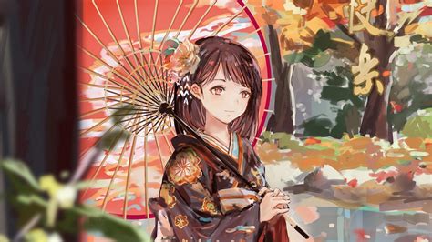 Download Wallpaper 1600x900 Girl Umbrella Anime Kimono Garden