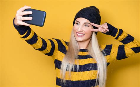 Selfie Close Up Girl Takes Photo Of Himself With Her Smartphone Isolated On White Background