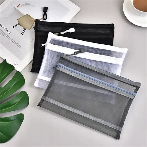 Black Nylon Mesh Zipper Pouch With Zip Document Bag For School Office