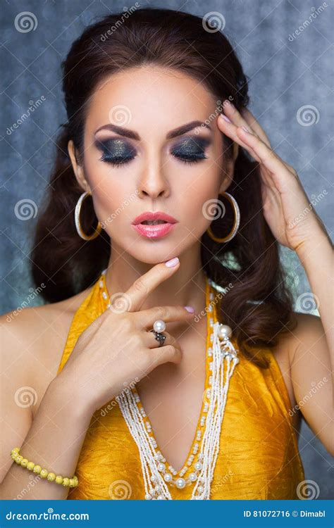 Beautiful Face Of A Glamour Woman With Smoky Eyes Make Up Beauty Portrait Young Girl Stock