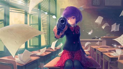 Schoolgirl Short Hair Tyc001x Girls With Guns Sitting Purple Hair