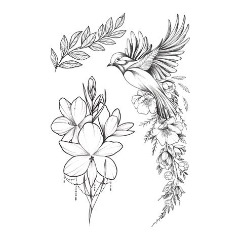 Bird And Flower Tattoo Botanical Tattoo Fake Tattoos
