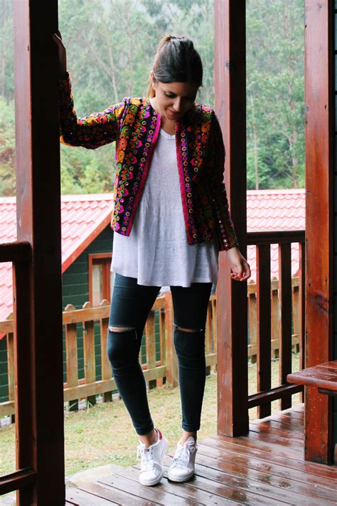 Outfit Wearing Ethnic Jacket Ripped Jeans And Sneakers More On