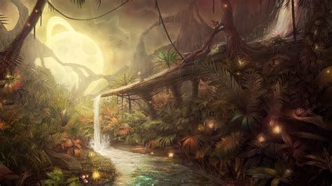 Forest River Painting Nature Jungle Artwork Fantasy Art Hd