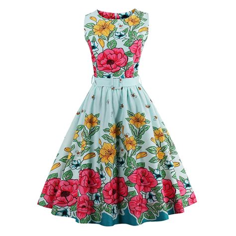 Wipalo Women Vintage Dress Floral Print Retro 50s 60s Robe Sleeveless O