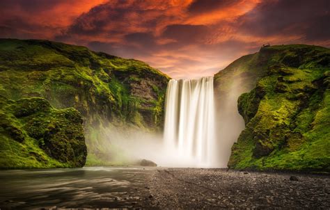Iceland Skogafoss Waterfall Mountain River Sunset Sky Nature Hd Wallpaper
