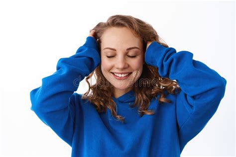 Girl Run Hand Through Hair And Smiling Delighted Pleased With New