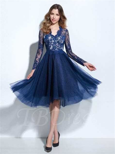 A Line V Neck Long Sleeves Button Lace Cocktail Dress Knee Length