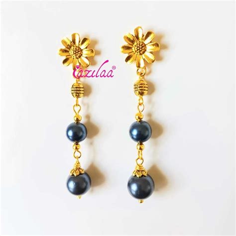 Blue Pearl Flower Dangler Antique Golden Earrings At ₹950 Azilaa