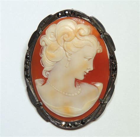Vintage Carved Shell Lady Cameo Sterling Silver Marcasite Brooch